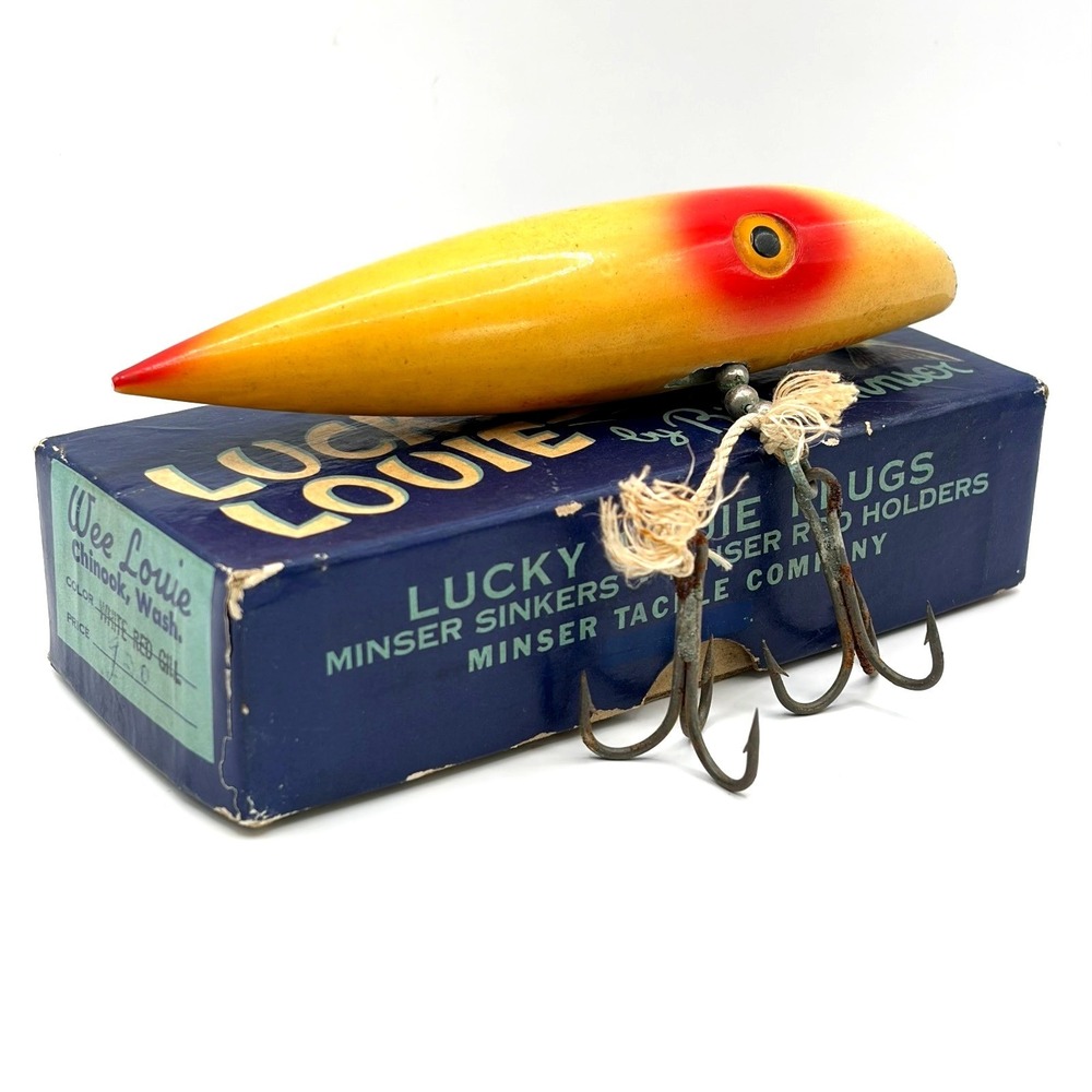Vintage‎ Lucky Louie Wee Louie White Red Gill Red Face w/Box Wooden Lure Rare